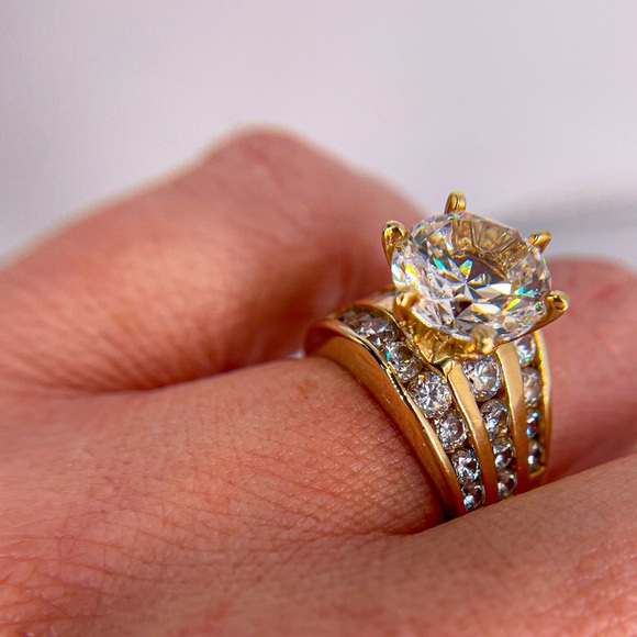 Gold Tone Round Cute Cubic Zirconia with Rows Stones Beneath Ring - Picture 5 of 8